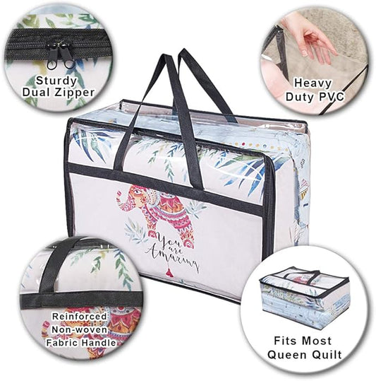 Clear Clothes Storage Bag Organizer with Reinforced Handle, Vinyl Storage Bags for Comforter, Blanket, Bedding, Toys, Transparent Moving Totes with Sturdy Dual Zippers, 3 Pack, 55 L, Black-NeatNest