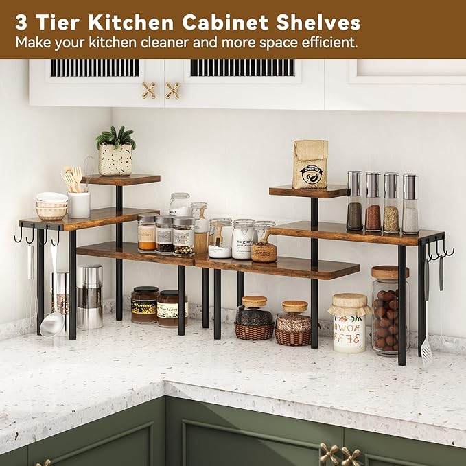 IBUYKE Countertop Organizer,3-Tier Spice Racks,Set of 2,Kitchen Counter Corner Shelf,4 Side Hooks,Adjustable Countertop Shelf for Kitchen, Bathroom, Coffee Bar, Cabinet, Desk,Rustic Brown,TLJ023H-2-NeatNest