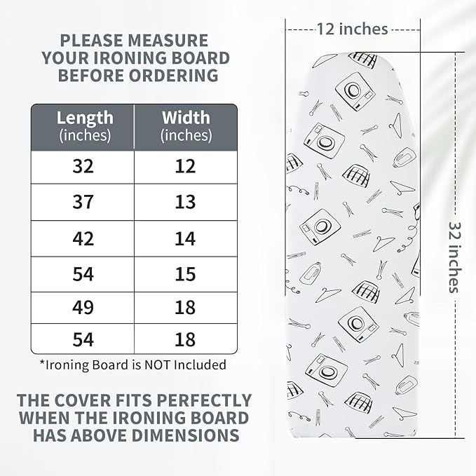 Seiritex Over The Door Ironing Board Cover 14 x 42 inch, Thick Padding and Heat Reflective with Hook and Loop Fasteners, 3 Layers Iron Board Cover (White)
