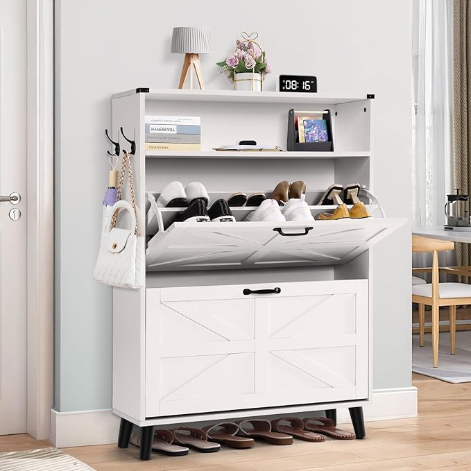 Shoe Storage Cabinet for Entryway - Narrow Shoe Rack Cabinet with 2 Flip Drawers, Shoe Organizer with Adjustable Shelves Free Standing Slim Hidden Shoe Cabinet with Hooks for Hallway Foyer Garage-NeatNest