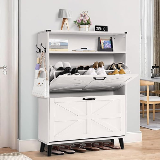 Shoe Storage Cabinet for Entryway - Narrow Shoe Rack Cabinet with 2 Flip Drawers, Shoe Organizer with Adjustable Shelves Free Standing Slim Hidden Shoe Cabinet with Hooks for Hallway Foyer Garage-NeatNest
