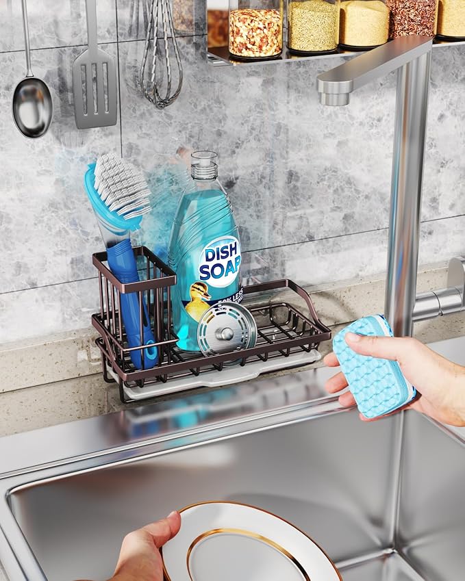 Consumest Sink Caddy Kitchen Organizer, Sponge Holder for Kitchen Sink with Removable Drip Tray for Countertop Dish Soap Holder Dispenser Brush Holder, 304 Stainless Steel - Bronze-NeatNest