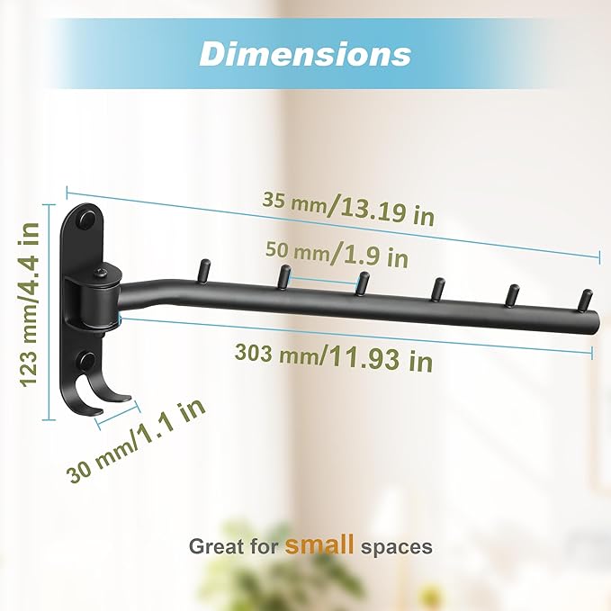Alise Swivel Clothes Hanger Rack, Stainless Steel Laundry Wall Mounted Drying Rack, Space Saver Coat Hanging Racks with Swing Arm for Closet Bedroom Laundry, Black-NeatNest