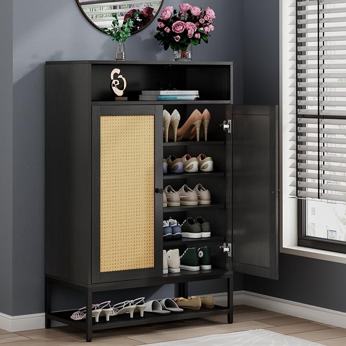 Rattan Shoe Organizer with Doors, Shoe Storage Cabinet with Adjustable Shelves for Entryway, 7-Tier Entryway Shoe Rack Storage for Hallway, Closet, Living Room-NeatNest