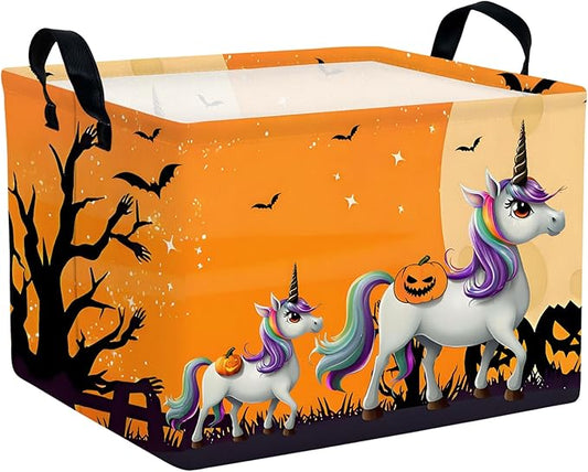 Halloween Basket Gift Cute Pumpkin Ghost Parties Decor Kid Trick or Treat Basket for Boys and Girls Rectangular Storage Bin Box (Unicorn Bat)-NeatNest