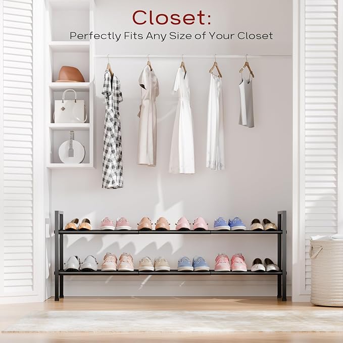 Bumusty 2-Tier Long Expandable Shoe Rack for Closet, 18"-44" Adjustable Shoe Rack for Entryway, 10-12 Pairs Large Shoe Organizer Shelf Storage, Sturdy Metal, Black-NeatNest