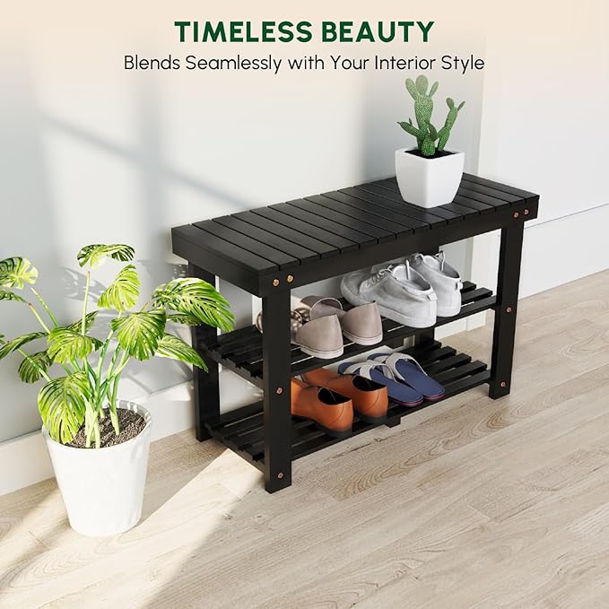 BEEFURNI Acacia Shoe Rack Bench, 3-Tier Sturdy Shoe Storage Bench, Wooden Footwear Organizer for Boots, 300 LBS Load Capacity, Perfect for Closet Entryway Bathroom, 1-Year Manufacturer Warranty, Black-NeatNest