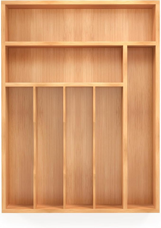 Bamboo Silverware Organizer, Kitchen Drawer Organizer, Utensil Holder, Cutlery Tray & Spoon Flatware Storage with Grooved Drawer Dividers (7 Slots, Natural)-NeatNest