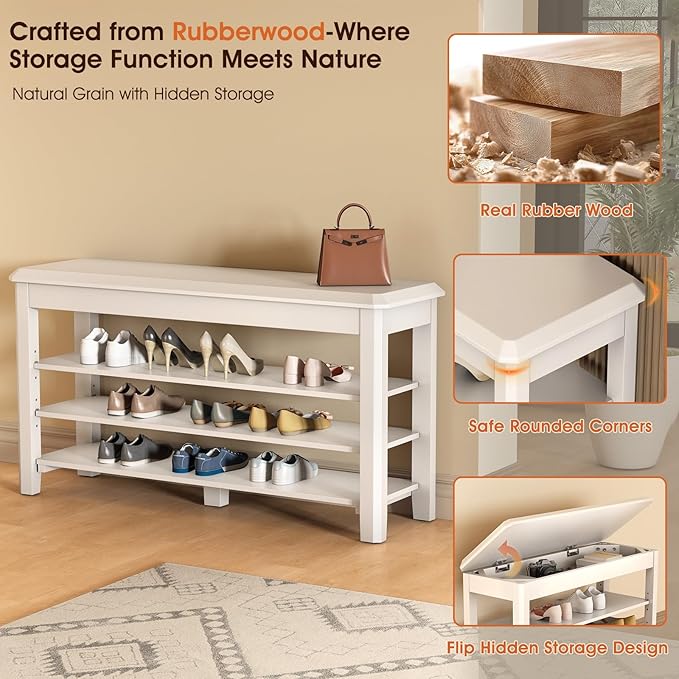 Shoe Rack Bench Seat Rubberwood 3-Tier Wooden Storage Bench 550lbs Compact Mid-Century Modern Design for Entryway, Hallway, Closet, Front Door Entrance, Foyer-NeatNest