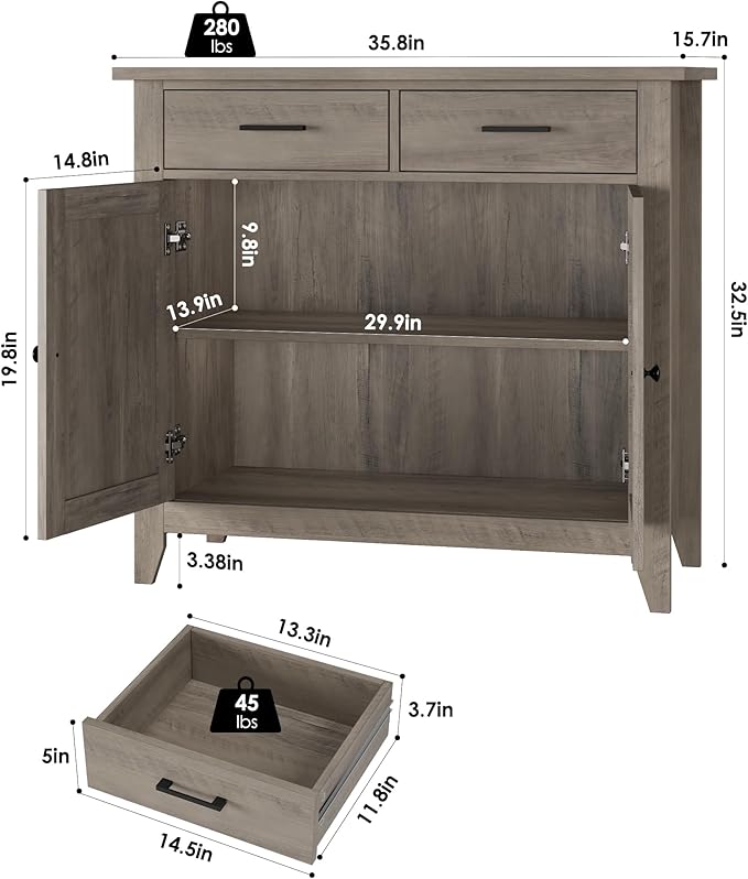 HORSTORS Kitchen Storage Cabinet, Modern Farmhouse Buffet Cabinet with Storage, Coffee Bar with 2 Drawers and 2 Doors, Floor Sideboard Buffet for Living Room, Dining Room, Bathroom, Grey