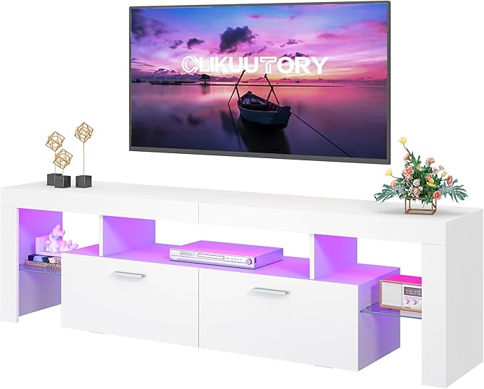 Clikuutory Modern Lighting 63 inch TV Stand with Large Storage Drawer for 50 55 60 65 70 75 Inch TVs, TV Console with 20 Color LED Lights, Entertainment Center Media and Open Shelf for Bedroom, White-NeatNest