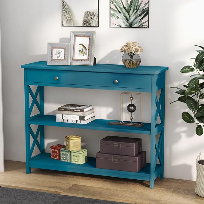 GOFLAME 39" Console Sofa Table with Drawers, 3-Tier Narrow Entry Table with Storage Shelves for Living Room Behind Couch, Entryway (Navy Blue)-NeatNest