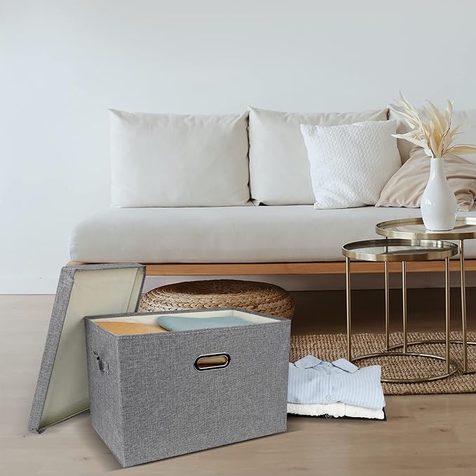 DAYARD Foldable Storage Boxes with Lids Linen Fabric Stackable Storage Bins Organizer Containers Baskets Cube with Cover for Closet Office Nursery, Grey XL (20 x 14 x 12)-NeatNest