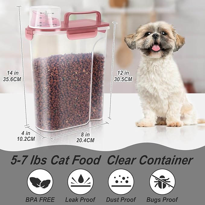5-7Lbs Dog Cat Food Storage Container with Upgraded Large Nozzle BPA-free, 4 Snap Seals Plastic Pet Food Storage Containers with Handles (1, Clear Pink, 5L)-NeatNest