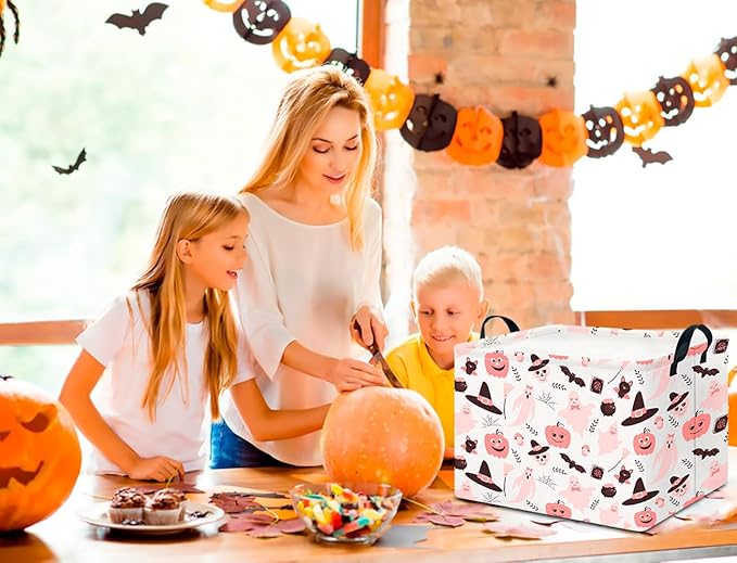 CLOCOR Rectangular Storage Basket Empty, Gift Basket for Halloween, Waterproof Storage Bin with Handles, Room Decor(Pink Bowknot Ghost)-NeatNest