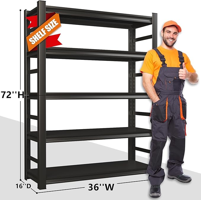 Heavy Duty 5-Tier Garage Shelf Steel Unit 3000lb Capacity | Garage & Basement Storage | Industrial Metal Shelving for Warehouse Workshop | Adjustable Rust-Resistant (72"H x 36"W x 16"D, Black)-NeatNest