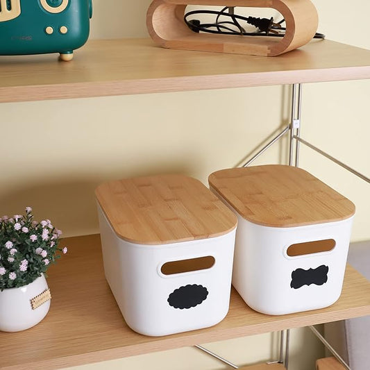 Citylife 2 PCS Storage Bins with Bamboo Lids Plastic Storage Containers for Organizing Stackable Storage Box with Handle, 10.23 x 7.08 x 6.3 inch-NeatNest