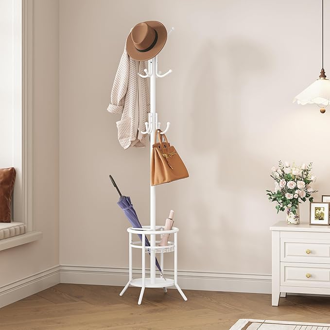 ELYKEN Coat Rack Freestanding, Metal Coat Rack Stand with Umbrella Holder, Modern Coat Tree with 12 Hooks, Floor Standing Corner Hall Tree for Entryway Living Room Bedroom Office, White-NeatNest