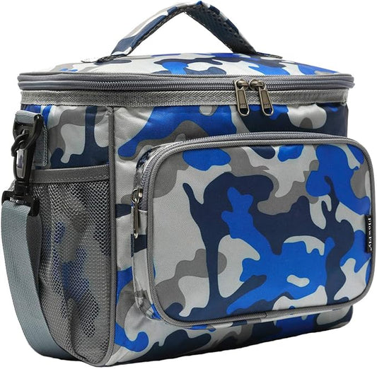 FlowFly Insulated Reusable Lunch Bag Adult Large Lunch Box for Women and Men with Adjustable Shoulder Strap,Front Zipper Pocket and Dual Large Mesh Side Pockets,BlueCamo-NeatNest
