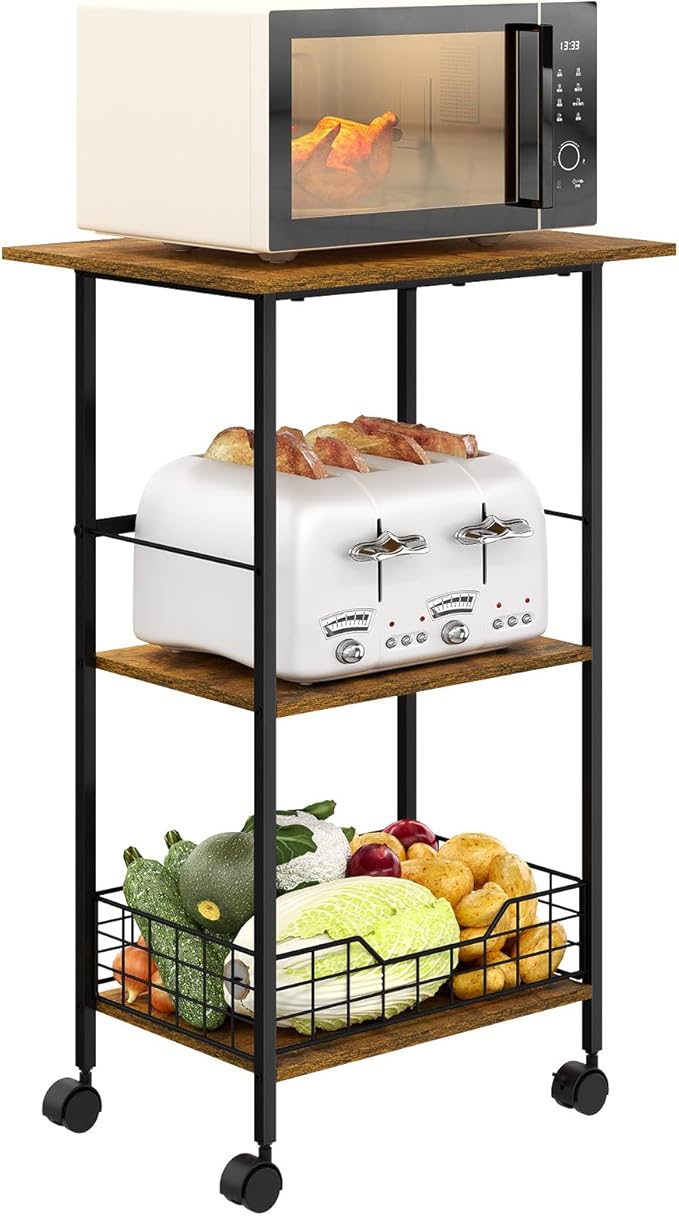 Microwave Cart with Storage, 3-Tier Rolling Kitchen Stand with Wire Basket, Wood and Metal Utility Cart on Wheels, Coffee Bar Station, Small Baker’s Rack As Kitchen Island, Microwave Shelf Organizer