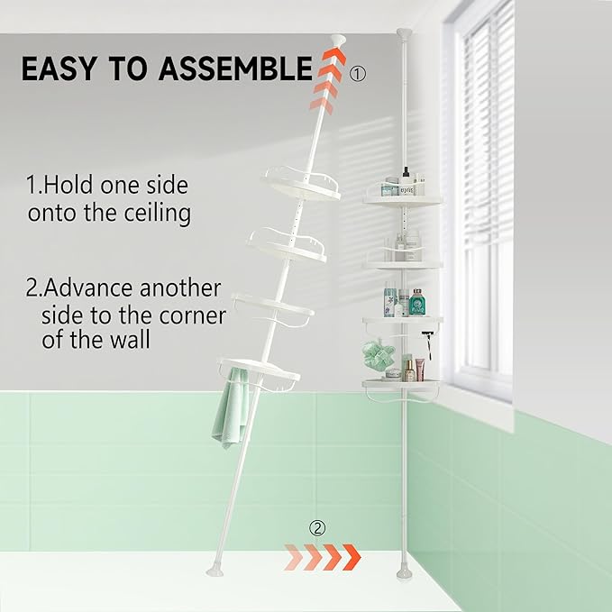 Corner Shower Caddy with Tension Pole, Rustproof ABS Shower Shelves with 56-125 Inch Steel Poles, Drill Free Shower Organizer, 4 Layer Adjustable Shelves, Silver