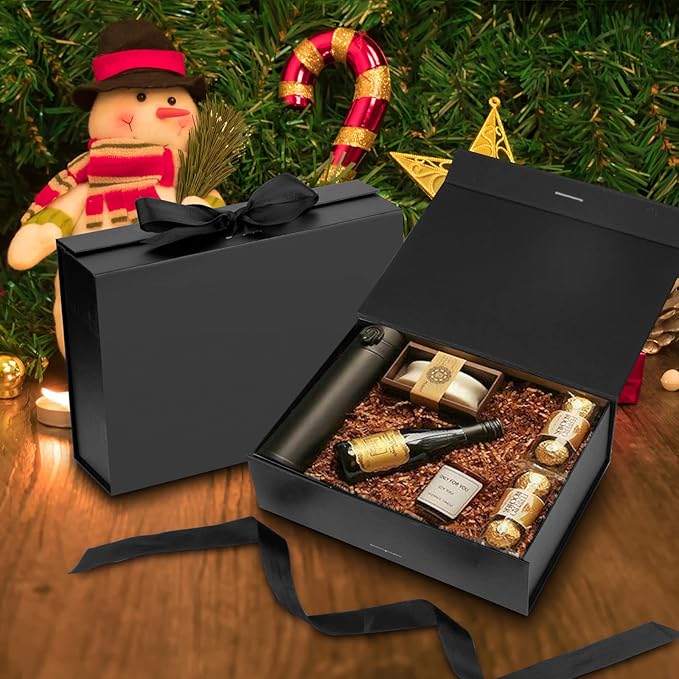 Gift Box with Lid for Presents 10.5x7.5x3.1 Inches with Ribbon and Magnetic Closure(5-Pack) (Black)-NeatNest