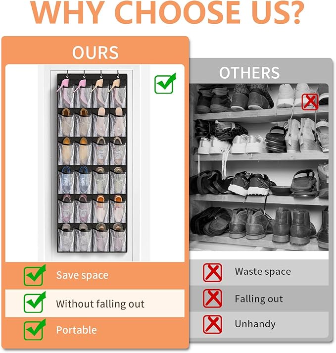 FENTEC 24 Large Pockets Over Door Shoe Organizer, Mesh Hanging Shoe Organizer Shoe Rack for Closet Mesh Closet Shoe Holder, Back of Door Organizer for Cruise Ships, Shoe Rack for Wall, Black, 1 Pack-NeatNest