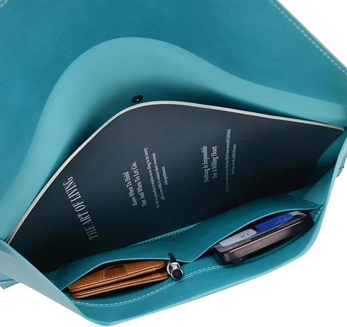 Wonderpool Envelope Case A4 PU Leather File Jacket Pocket Folder Document Case Bag with Removable Hand Strap and 4 Pocket for Documents Tablet Phone Stationery (Cyan)