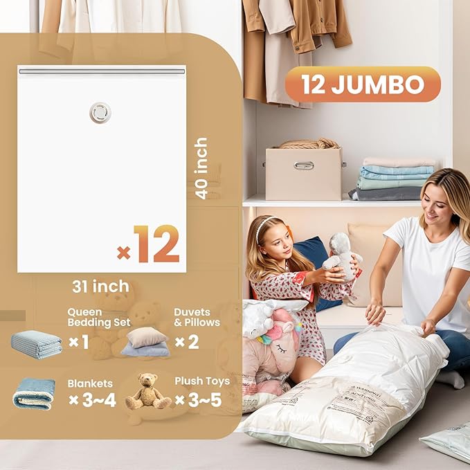 TAILI 12 Pack Vacuum Storage Bags, Jumbo Vacuum Seal Bags for Clothing (40x31 Inch), Space Saver for Bulky Comforter Blankets, Bedding, Pillows, Clothes, Saving More Closet Space-NeatNest