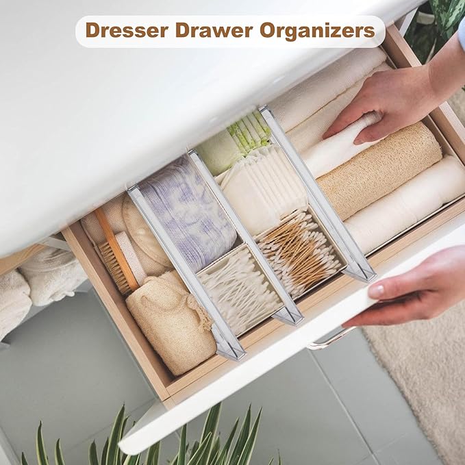 6 Pack Drawer Dividers for Clothes, 4" High 10"-17" Adjustable Drawer Dividers Expandable Dresser Drawer Organizer, Clear Drawer Separators for Clothes, Underwear, Cosmetic, Kitchen Utensils Storage-NeatNest