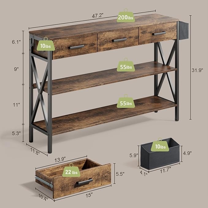Gizoon 47" Entryway Table with 3 Drawers and 3 Tier Storage Shelves, Industrial Narrow Long Sofa Table, Farmhouse Style Console Table for Living Room, Hallway, Couch, Small Spaces - Rustic Brown-NeatNest