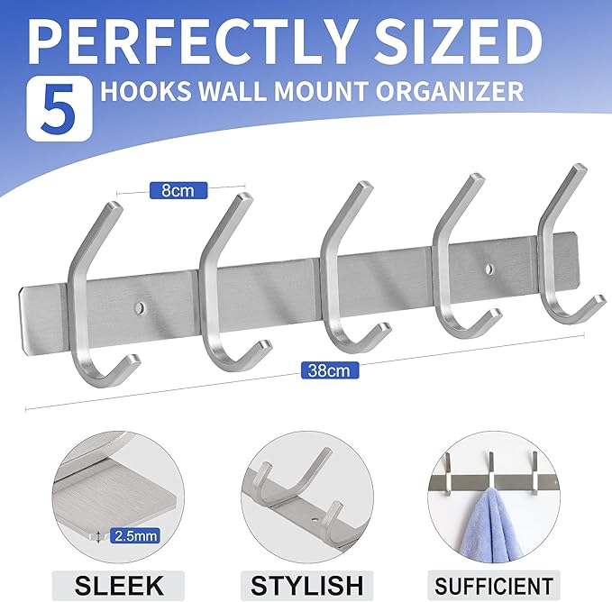 GlazieVault Coat Rack Wall Mount - Stainless Steel (2 Pack) - Heavy Duty Hooks for Hat, Towel, Robes, Jacket, Clothes - Bathroom, Entryway Hanger (Silver J)-NeatNest