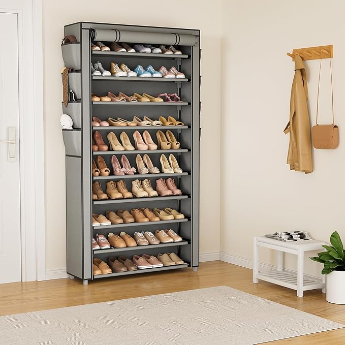 VTRIN Tall Shoe Rack with Cover, 10 Tier Shoe Organizer Storage for 50-55 Pairs Shoes and Boots Large Capacity Shoe Shelf with 8 Pockets Free Standing Shoe Rack for Closet, Entryway, Garage, Grey-NeatNest