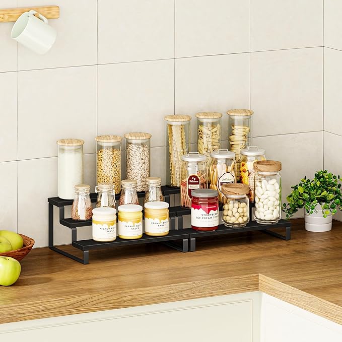 Giikin 3 Tier Spice Rack, Set of 2 Wooden Spice Rack for Countertop, Cabinet Organizer Shelf Kitchen Counter Storage Shelves Cupcake Stand Holder Display Stand, Black-NeatNest