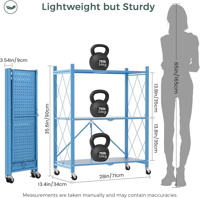 DEANIC 3 Tier Foldable Storage Shelves with Wheels, Kitchen Appliance Stand, Freestanding Metal Wire Shelf Rack, No Assembly Organizer Rolling Cart for Garage, Basement, PantryBlue Pack of 2