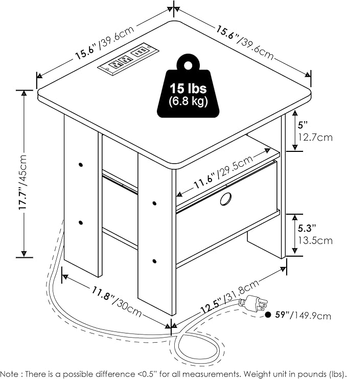 Furinno Andrey USB and Type-C Port Charging Station End Table with Storage Bin, 15.55 (W) x 12.56 (H) x 8.5 (D) inches, Flagstaff Oak/Black