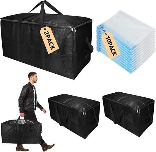 Extra Large Storage Bags Set Heavy Duty Moving Totes with Handles, Zippers-Way Carrying Design Fold Flat Storage Totes for Space Saving (Black, 12 Park-2 Moving bag & 10 Vacuum Seal Bags)