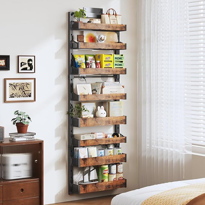 8-Tier Over The Door Pantry Organizer, Heavy-Duty Metal Wall Mount or Hanging Spice Rack, behind the door storage Shelves with Adjustable Basket, Back of Door Organizer for Kitchen Cabinet and Closet