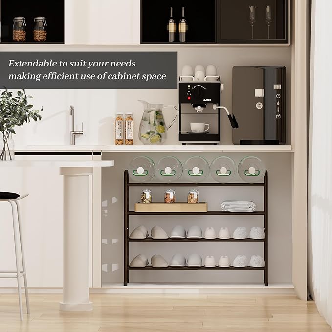 Expandable Shoe Rack, Adjustable Shoes Organizer Metal, Space-Saving Storage Shelf for Closet, Entryway, Front Door & Hallway,Sturdy and Easy Assembly (Brown, 4-Tier)