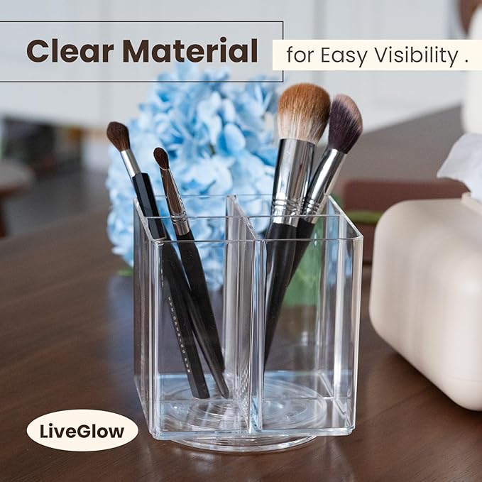Clear Makeup Brush Holder,Acrylic Rotating 360°Makeup Brush Organizer,Pen holder with 4 Grids,Makeup Holder for Courtup,Containers for Desk,2pc-NeatNest