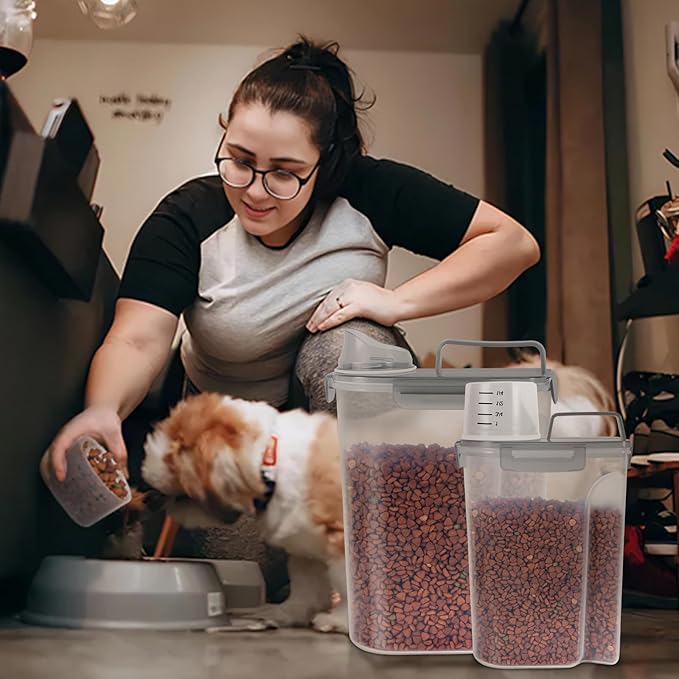 Cat Dog Food Storage Container, Upgraded Large Nozzle BPA-free, 3&5lbs Plastic Pet Food Storage Containers, With 4 Sealed Clasps, 1 Measuring Cup and Handle, Easy to Clean and Carry -Clear Grey 2Pack-NeatNest