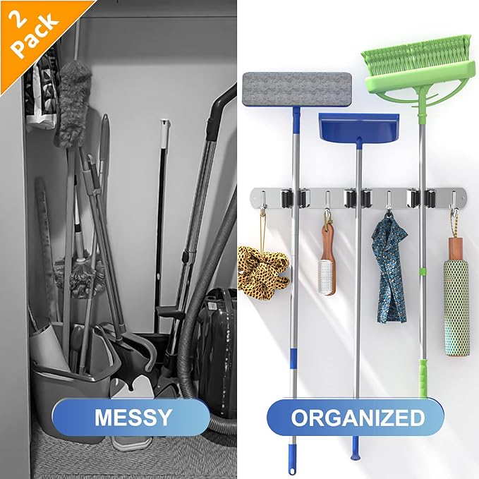 ZONGOOL 2 Pack 3 Racks and 4 Hooks Mop and Broom Holder Wall Mount, Heavy Duty Broom Hanger Organizer Storage Tool Racks Stainless Steel Self Adhesive Wall Hanger for Kitchen Garden Laundry Garage