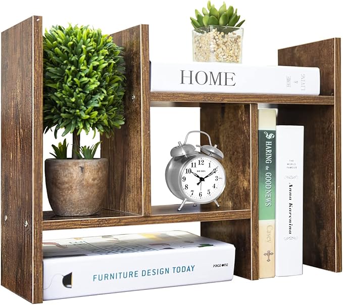 BROWN-BROWN Adjustable Wood Desk Shelf Organizer Office Home Multipurpose Desktop Shelf, Display Shelf Rack Top Mini Bookcase, Free Style Display Desktop Organization-NeatNest