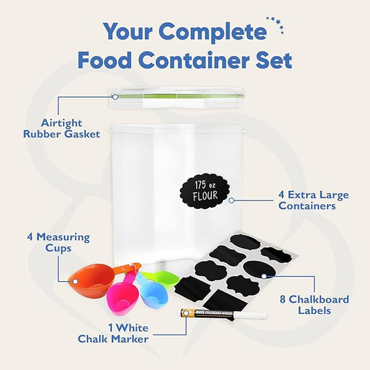 Chef's Path Kitchen Storage Box Set of 4 Extra Large Airtight Food Storage Jars for Sugar Flour Cereal Rice - Measuring Spoons, Pen and Food Preservation Labels (5.2 L)-NeatNest