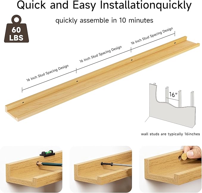 Floating Picture Ledge Shelves for Wall Set of 2, 72 Inches Picture Ledge Shelf with Long Large Nursery Book Shelf for Toys Storage Kids Bookshelf Wall Mounted Living Room Bedroom Decor Frames, Oak-NeatNest