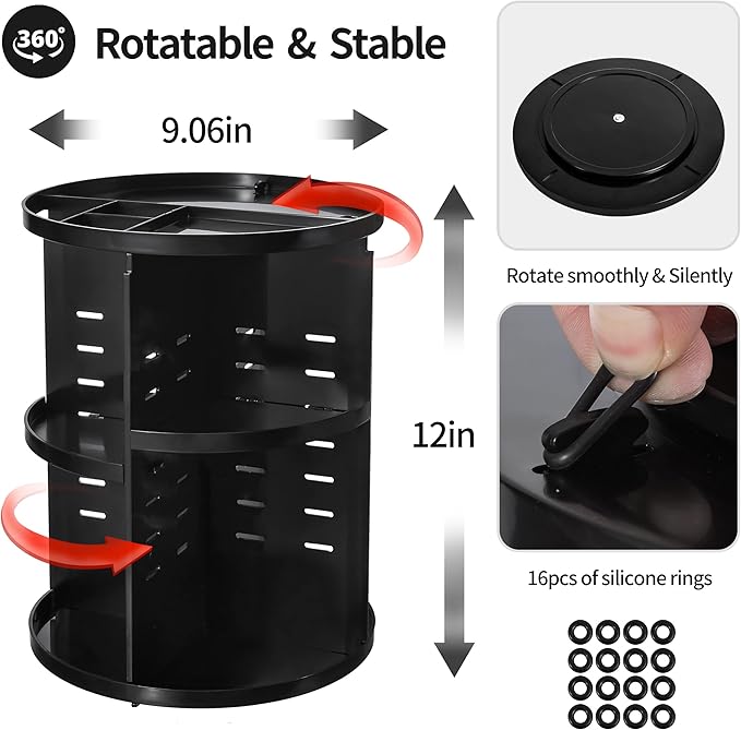 360 Rotating Makeup Organizer,DIY Adjustable Spinning Holder,Foldable Cosmetic Storage Display box,Large Capacity Make up Caddy Shelf,Fits Countertop Vanity and Bathroom (BLACK)-NeatNest