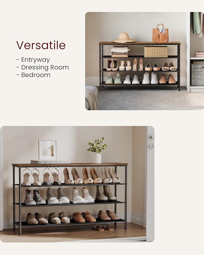 VASAGLE Shoe Rack, 4-Tier Shoe Storage Organizer for Entryway and Closet, Holds 15-18 Pairs of Shoes, 3 Fabric Shelves, Steel Frame, Industrial, Rustic Brown and Black ULBS135B01-NeatNest