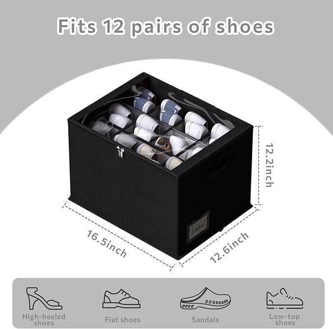 2 Pack Shoe Organizer for Closet - Shoe Storage Bins with Clear Cover, Fabric Shoe Storage Containers with Reinforced Handles, Fits up to 24 Pairs (Black, 16.5 * 12.6 * 12.2in)-NeatNest
