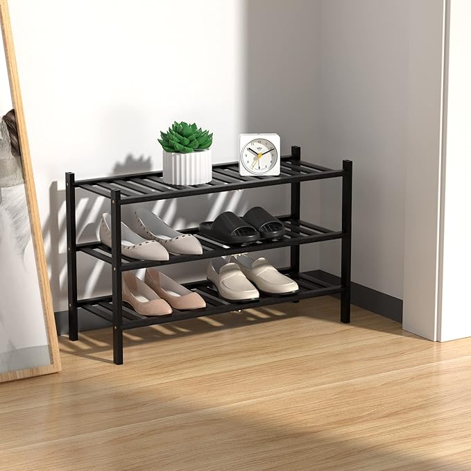 Shoe Rack, 3 Tier Bamboo Shoe Rack for Closet, Stackable Wooden Shoe Organizer, Free Standing Wood Shoe Shelf for Entryway Small Space, 27" x 11" x 20", Black-NeatNest