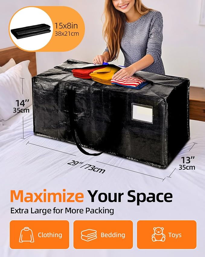 12 Pack Extra Large Moving Bags, Heavy Duty Packing Bags with Zippers and Handles for Space Saving, Clothes Storage, College Essentials, Travel, Black